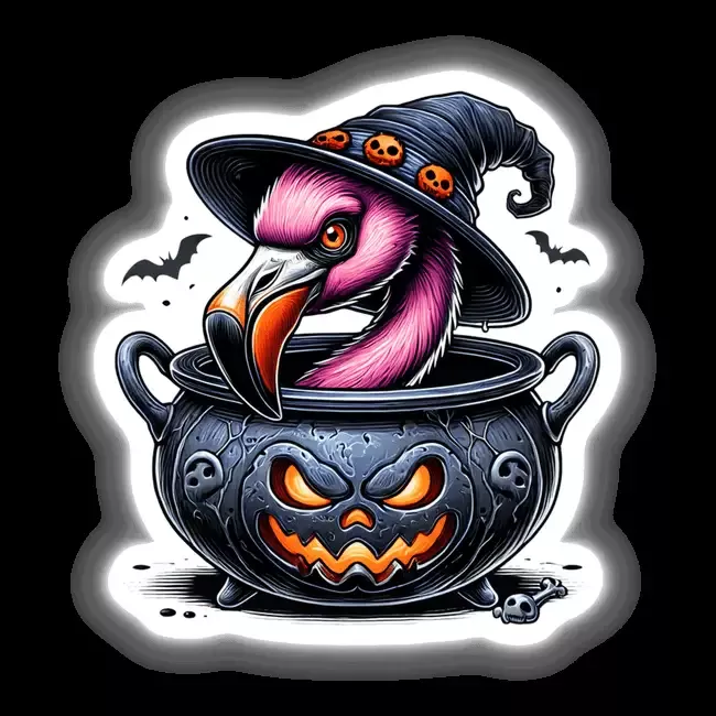 Flamingo Peeking Out of Cauldron Halloween