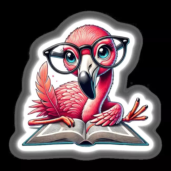 Flamingo With Reading Glasses Open Book