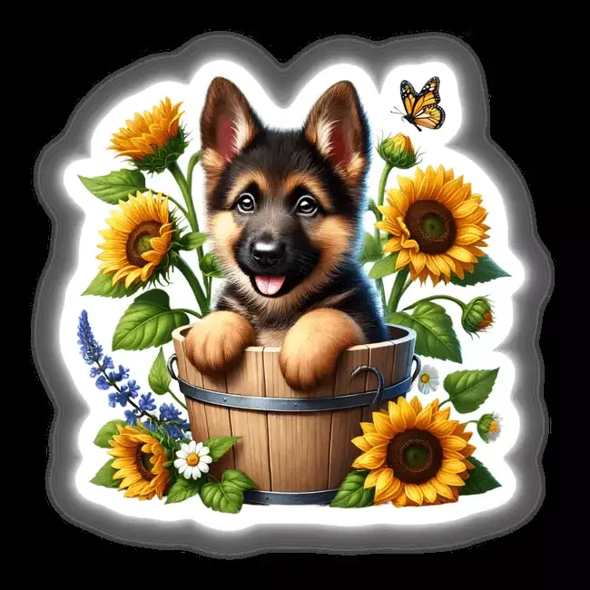 German Shepherd Dog Peeking Out of Flower Pot