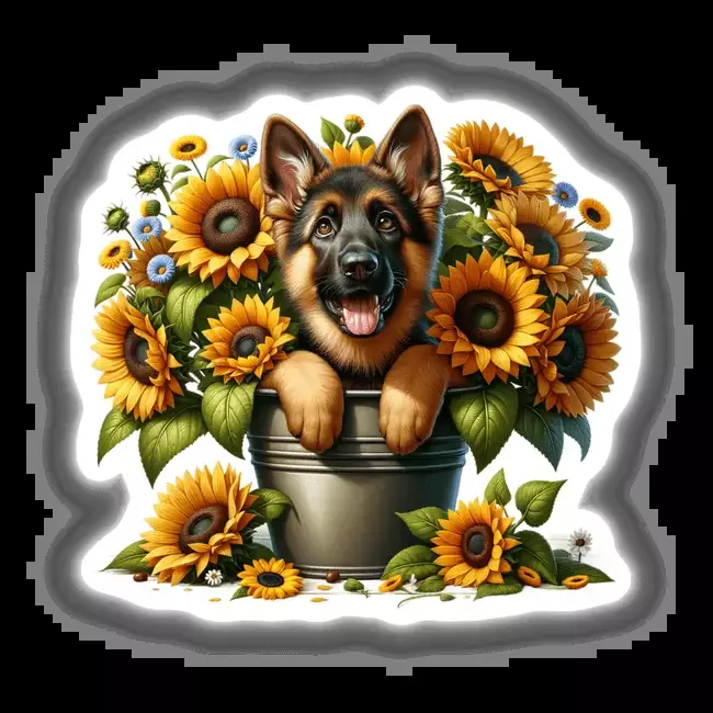 German Shepherd Peeking Out of Flower Pot