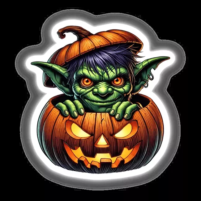 Goblin Peeking Out of Pumpkin Halloween