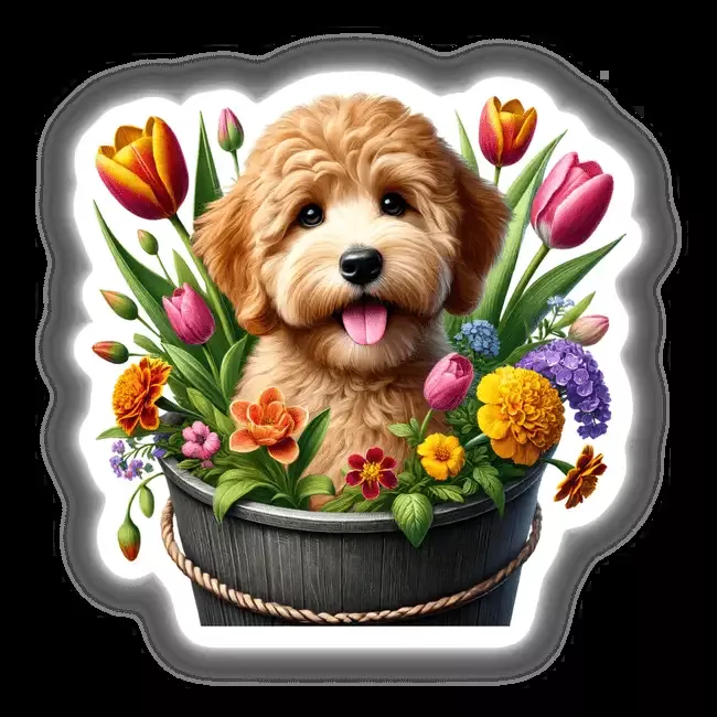 Goldendoodle Dog Peeking Out of Flower Pot