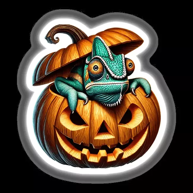 Halloween Chameleon Peeking Out of Pumpkin