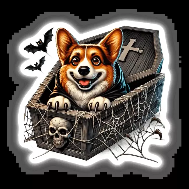 Halloween Corgi Peeking Out of Coffin