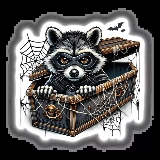 Halloween Raccoon Peeking Out of Coffin