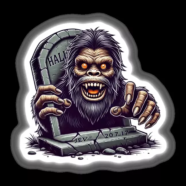 Halloween Sasquatch Peeking Out of Tombstone