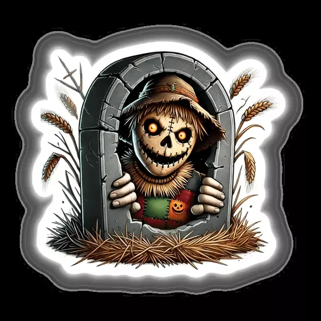 Halloween Scarecrow Peeking Out of Tombstone