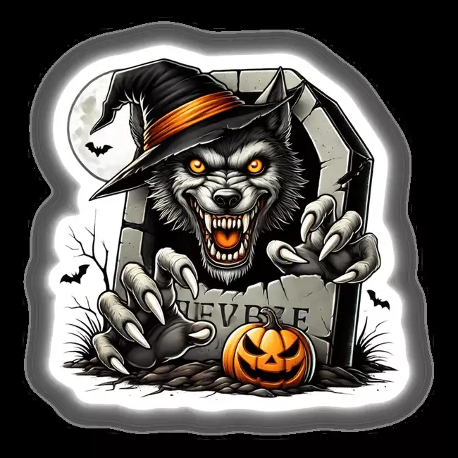 Halloween Wolf Peeking Out of Tombstone