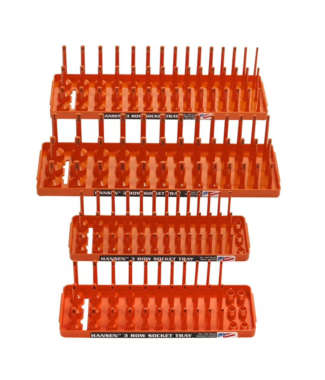 Hansen Global 92005 4pc 3-Row ORANGE Socket Tray Set for SAE & METRIC 1/4" & 3/8
