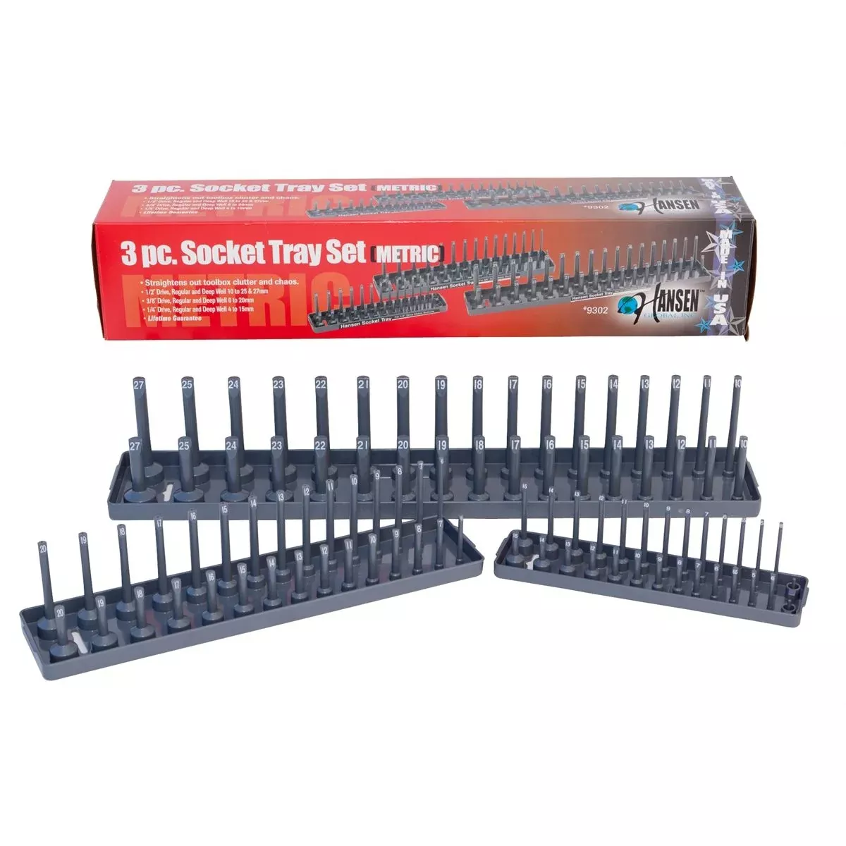 Hansen Global 9302 3pc METRIC Socket Tray Set for 1/4", 3/8" & 1/2" Dr. Sockets