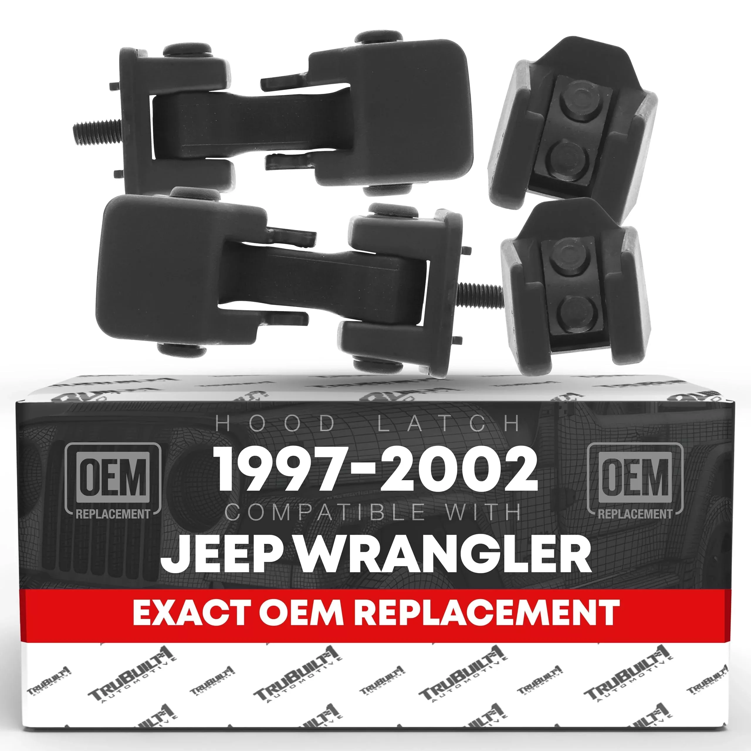 Hood Latch Replacement Set, Driver and Passenger Side - Compatible with 1997-2006 Jeep Wrangler (Full Door Type) - Hood Lock Catch Kit - OEM 55176428AC, 55176427AD, 68038118AA, 42422