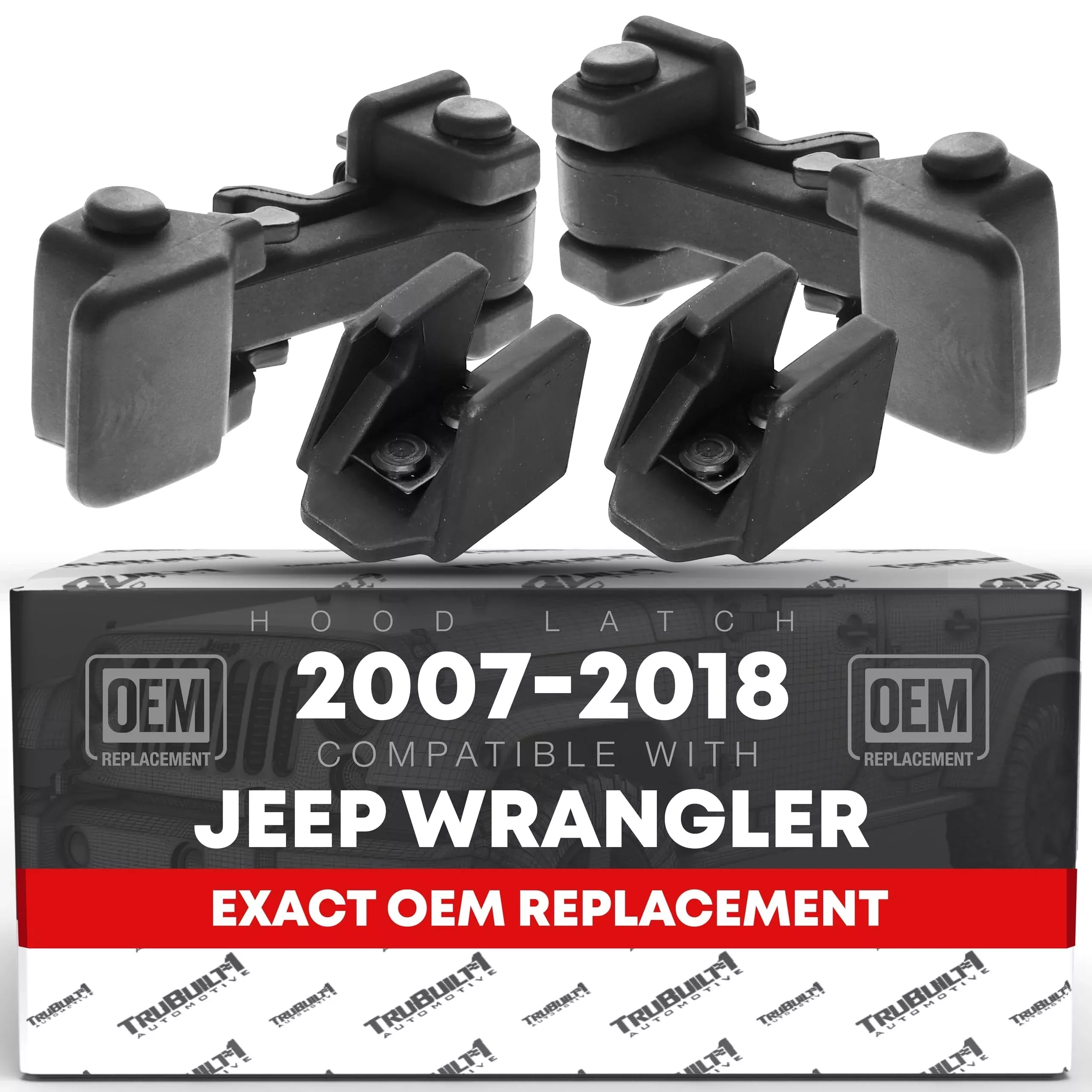 Hood Latch Replacement Set, Driver and Passenger Side - Compatible with 2007-2018 Jeep Wrangler - Rubber Hood Lock Catch Kit - OEM 55395652AC, 55395653AD