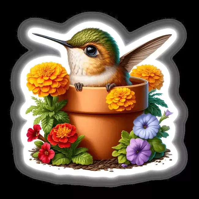 Hummingbird Peeking Out of Flower Pot