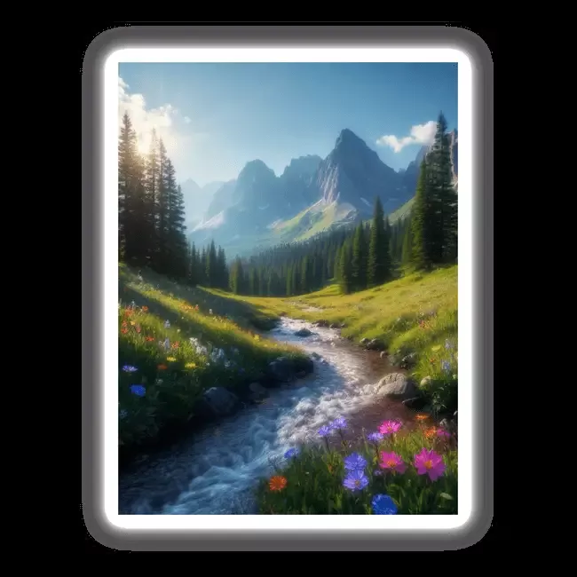 Idyllic Mountain Stream with Vibrant Wildflowers and Towering Pines