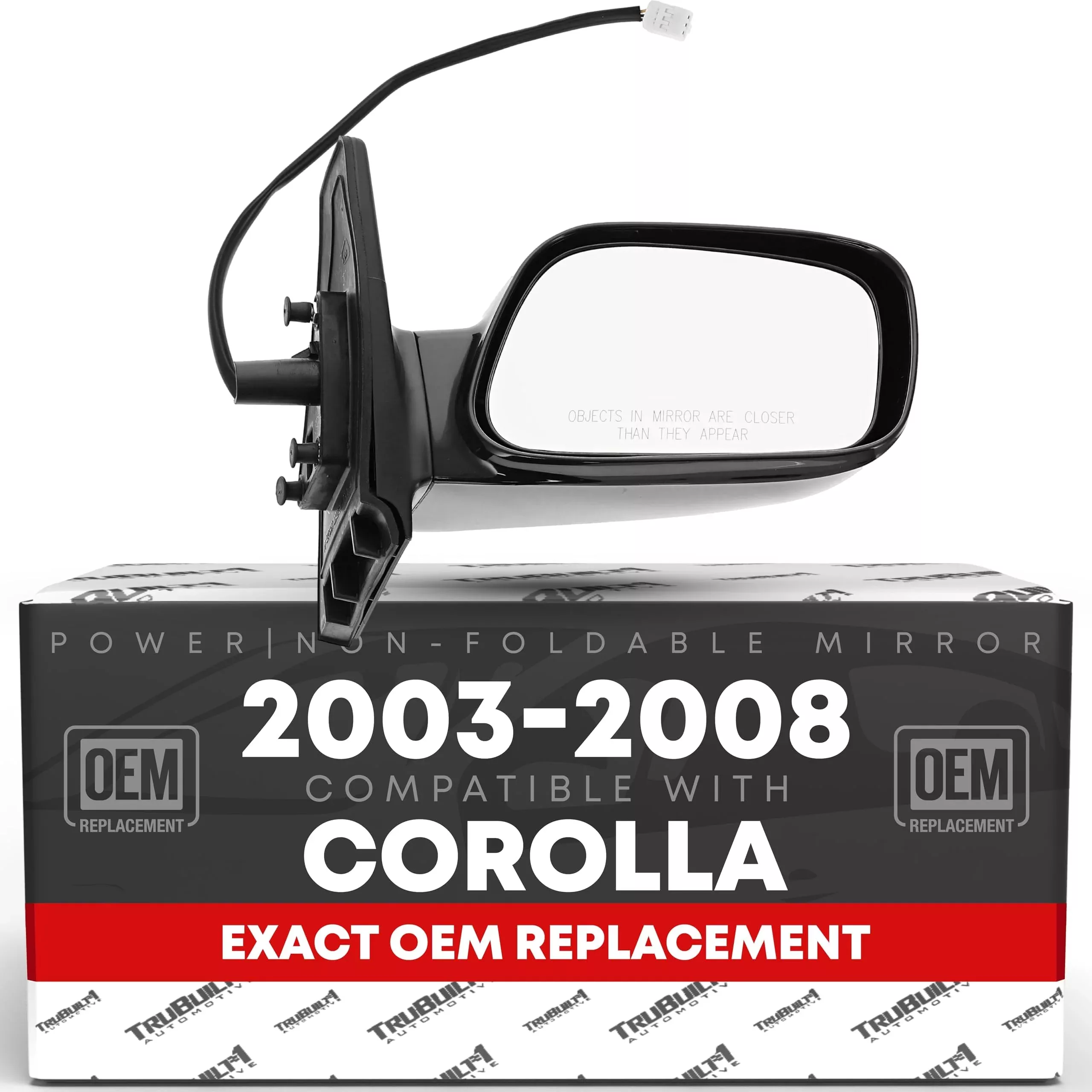 Passenger Side Mirror Replacement - Compatible with 2003-2008 Toyota Corolla - Powered Adjustment, Non-Foldable, Convex Glass with English Warning - Black, 3H3P - OEM 8791002380, TO1321178, TO1321179 - Passenger Side Mirror