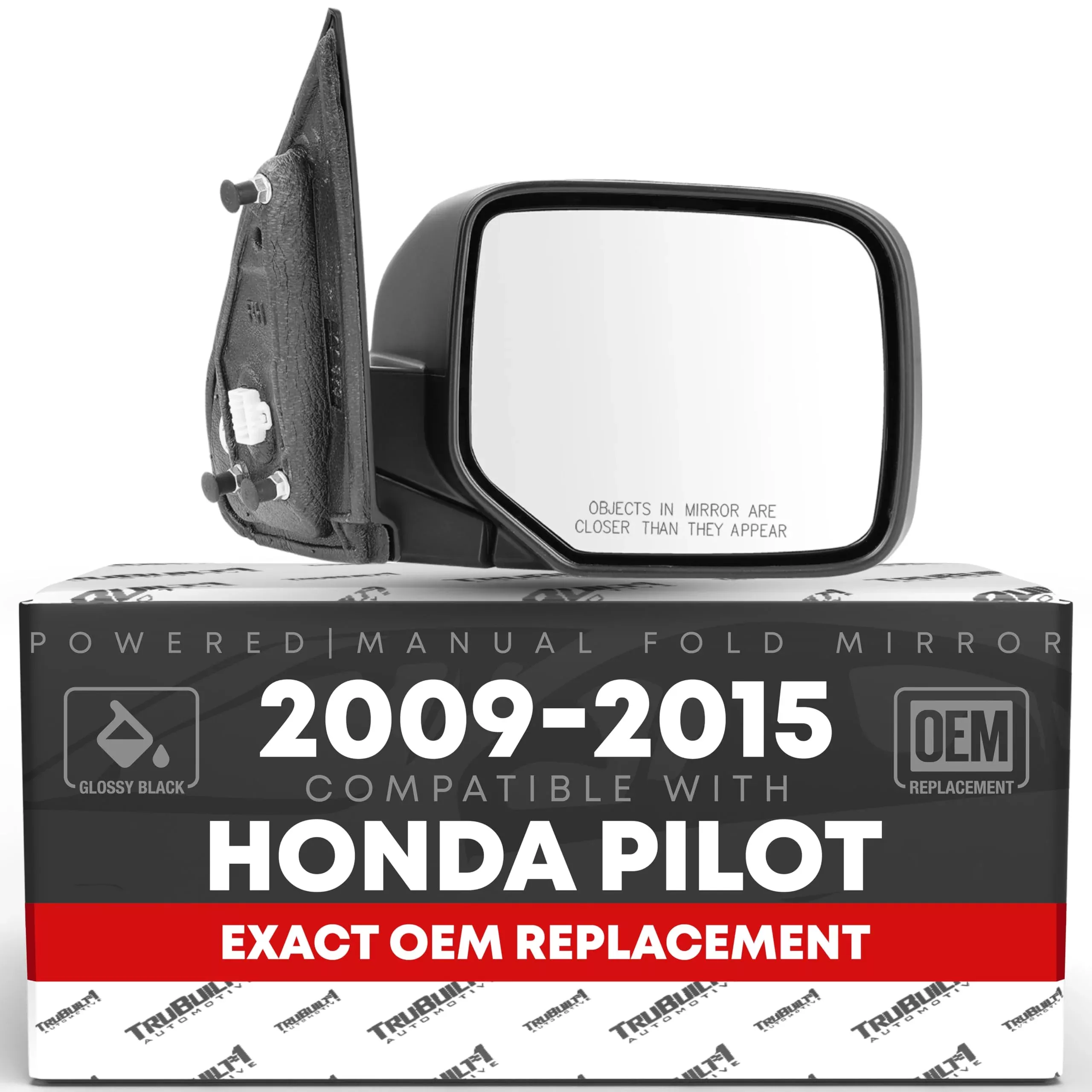 Passenger Side Mirror Replacement - Compatible with 2009-2015 Honda Pilot - Powered Adjustment, Heated, Manual Fold, Convex Glass - Smooth Black, 16H5P - OEM 76208SZAA11ZF, HO1321248 - Passenger Side Mirror