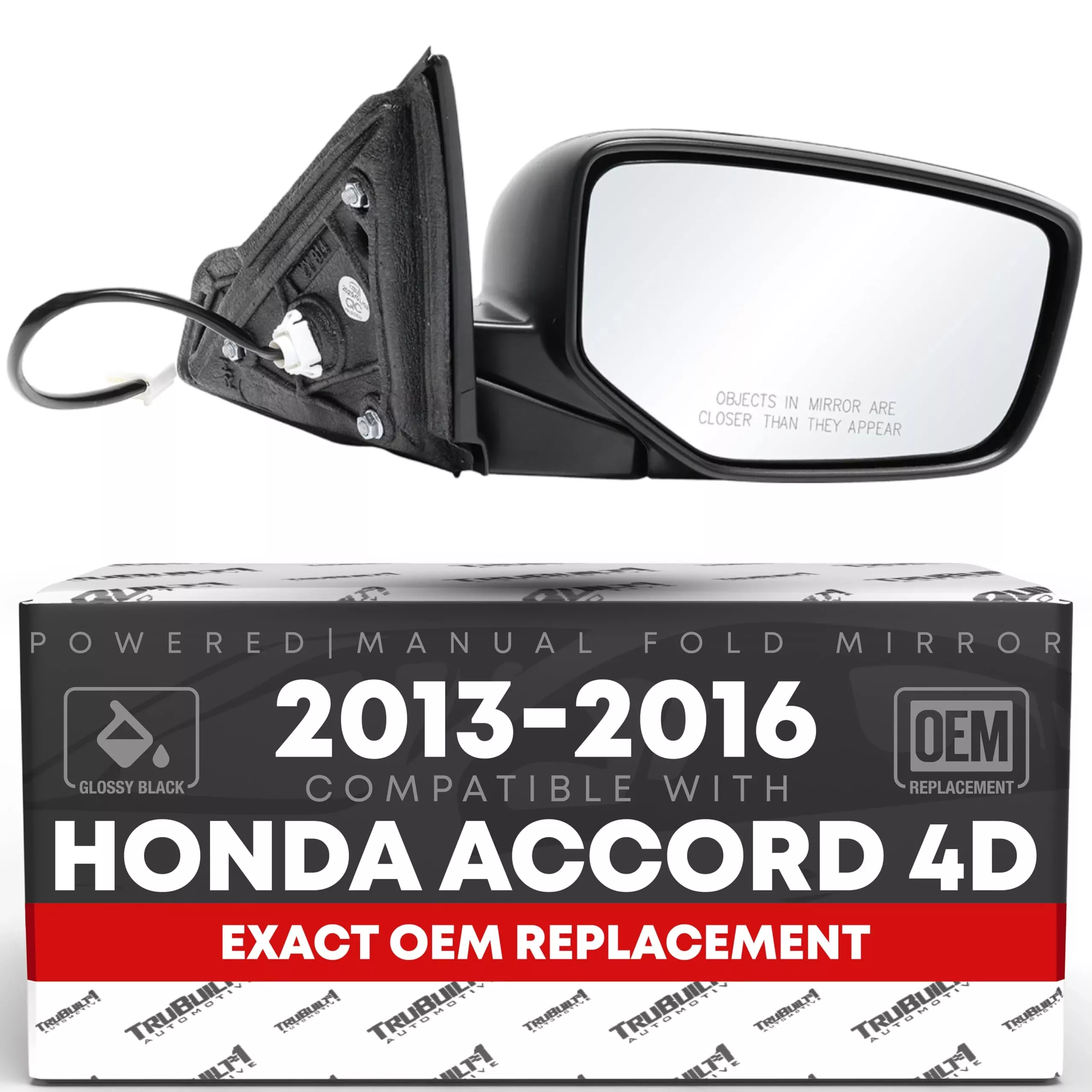 Passenger Side Mirror Replacement - Compatible with 2013-2016 Honda Accord 4D - Powered Adjustment, Manual Fold, Convex Glass - Smooth Black, 14H3P - OEM 76208T2FA01, 76200T2FA31ZH, HO1321272, HO13213 - Passenger Side Mirror