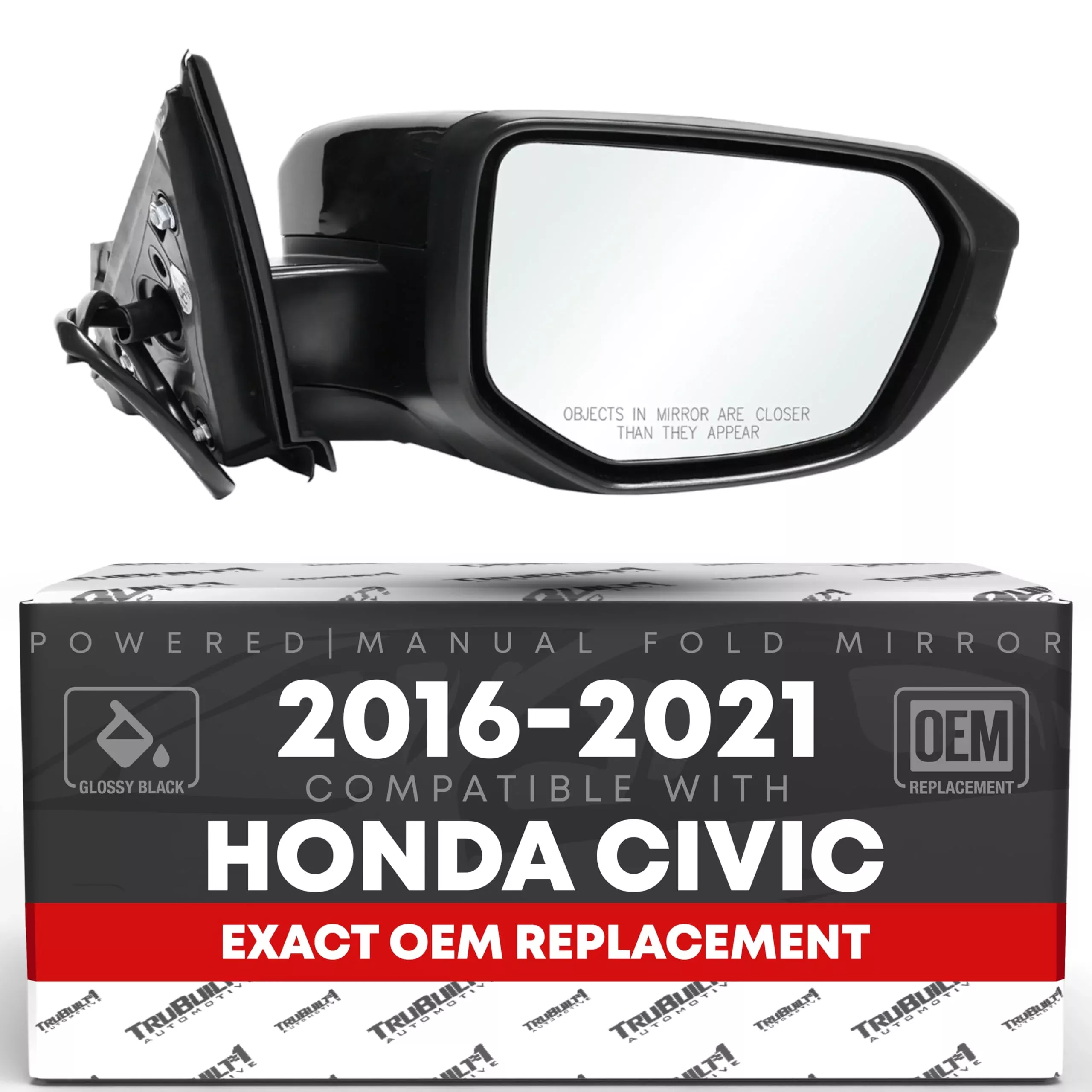Passenger Side Mirror Replacement - Compatible with 2016-2021 Honda Civic - Powered Adjustment, Manual Fold, Convex Glass - Smooth Black, 4H3P - OEM 76208TBAA02ZA, 76201TBAA11ZF, HO1321283 - Passenger Side Mirror