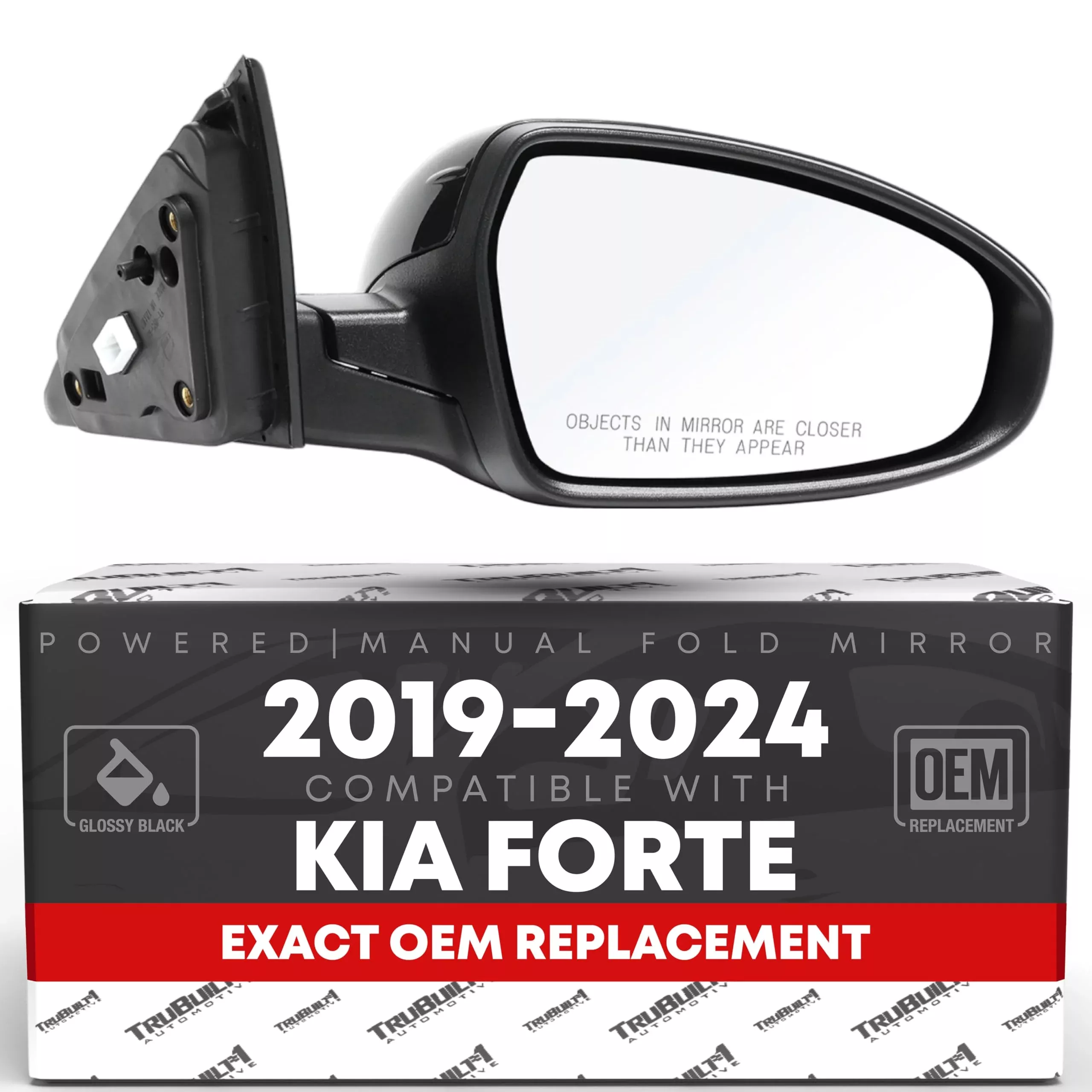 Passenger Side Mirror Replacement - Compatible with 2019-2024 Kia Forte - Powered Adjustment, Manual Fold, Convex Glass - Smooth Black, 12H3P - OEM 87620M7000, KI1321226 - Passenger Side Mirror
