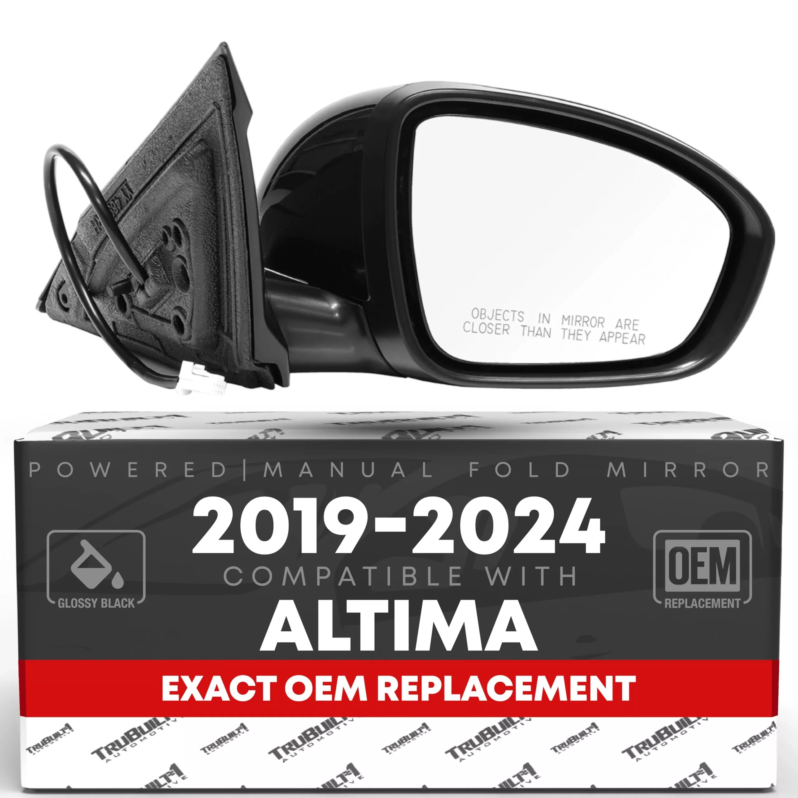Passenger Side Mirror Replacement - Compatible with 2019-2024 Nissan Altima - Powered Adjustment, Manual Fold, Convex Glass - Smooth Black, 8H3P - OEM 963016CA0A, 963736CA9A, NI1321311 - Passenger Side Mirror