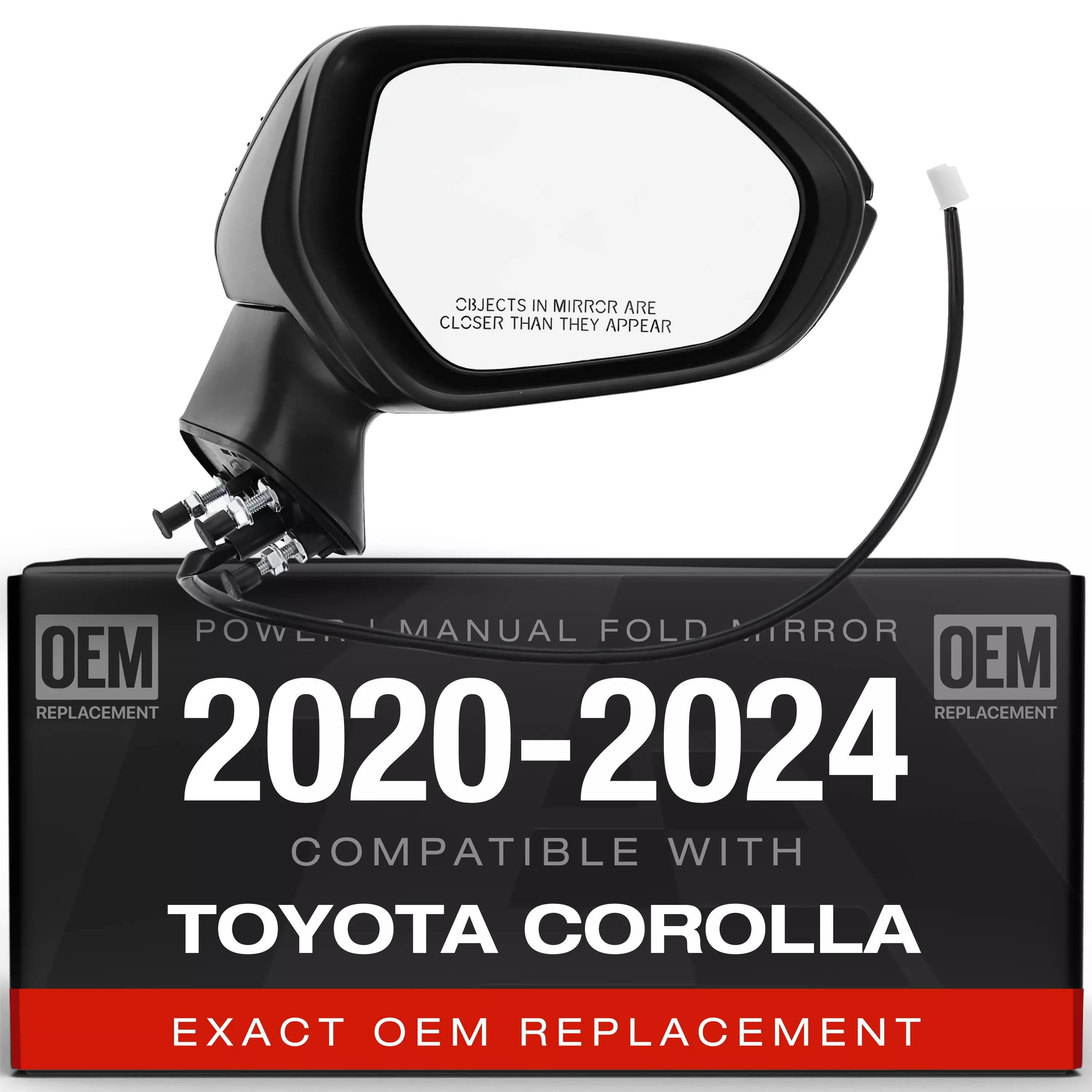 Passenger Side Mirror Replacement - Compatible with 2020-2024 Toyota Corolla Sedan - Powered adjustment, Manual Folding, Convex Glass, Black, 5H3P - OEM 8791012F60, 8791002916, 8791002928, TO1321391 - Passenger Side Mirror