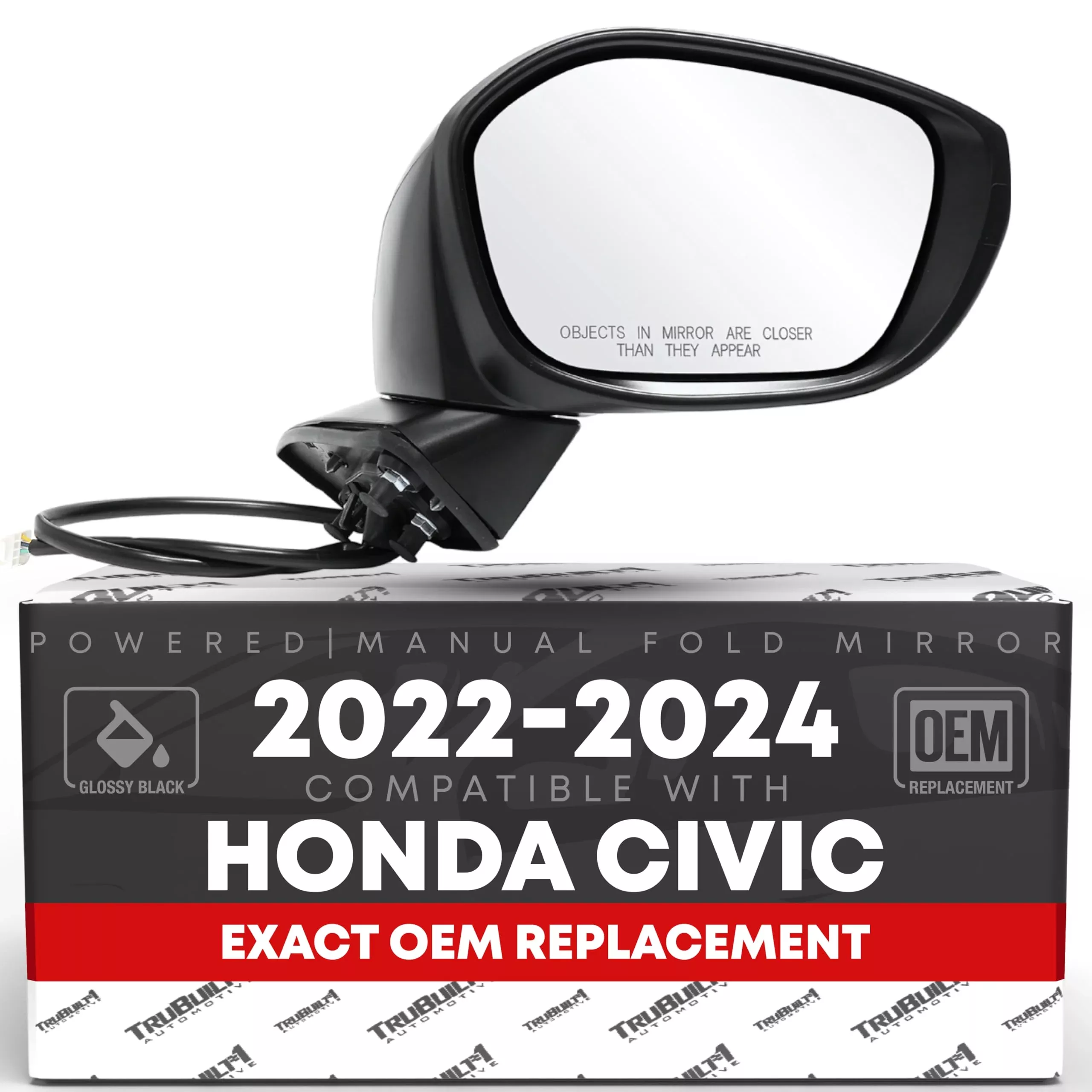 Passenger Side Mirror Replacement - Compatible with 2022-2024 Honda Civic - Powered Adjustment, Manual Fold, Convex Glass - Smooth Black, 8H3P - OEM 76208T20A01, 76208T20A02, 76201T20, HO1321350 - Passenger Side Mirror
