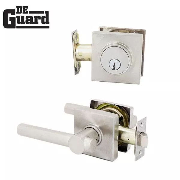 Premium Contemporary Leverset & Deadbolt Combo Lock- Square Rose - Satin Stainless - Grade 3 - (SC1 / KW1)