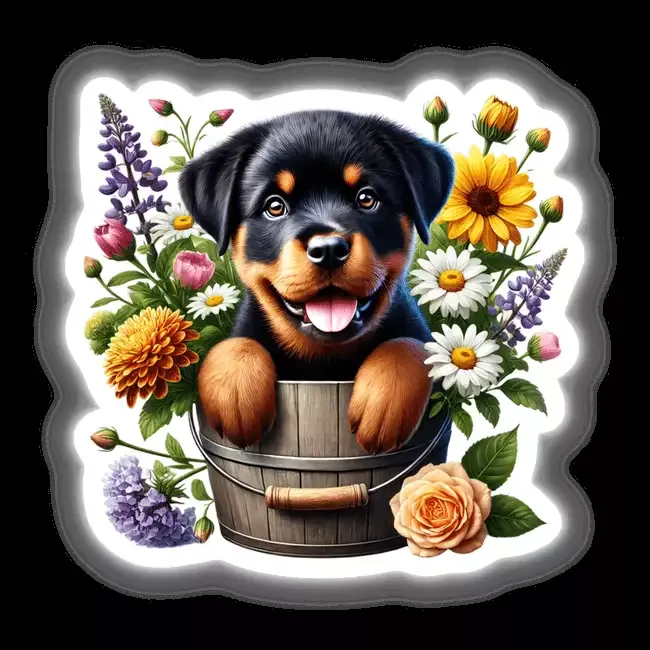 Rottweiler Dog Peeking Out of Flower Pot