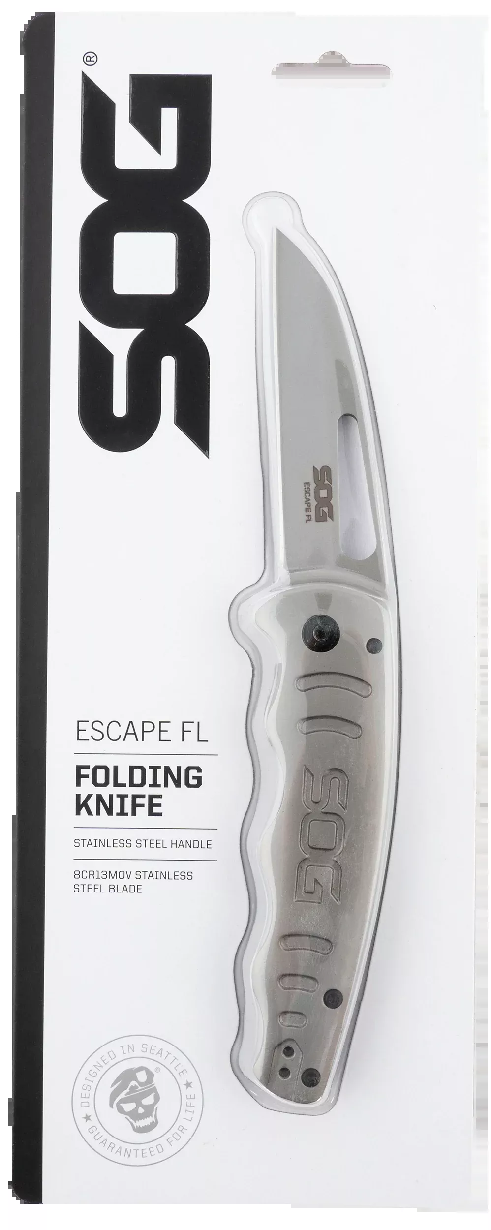 S.O.G SOG14520157 Escape FL 3" Folding Sheepsfoot Plain 8Cr13MoV SS Blade Silver w/ "SOG" Stainless Steel Handle Includes Pocket Clip