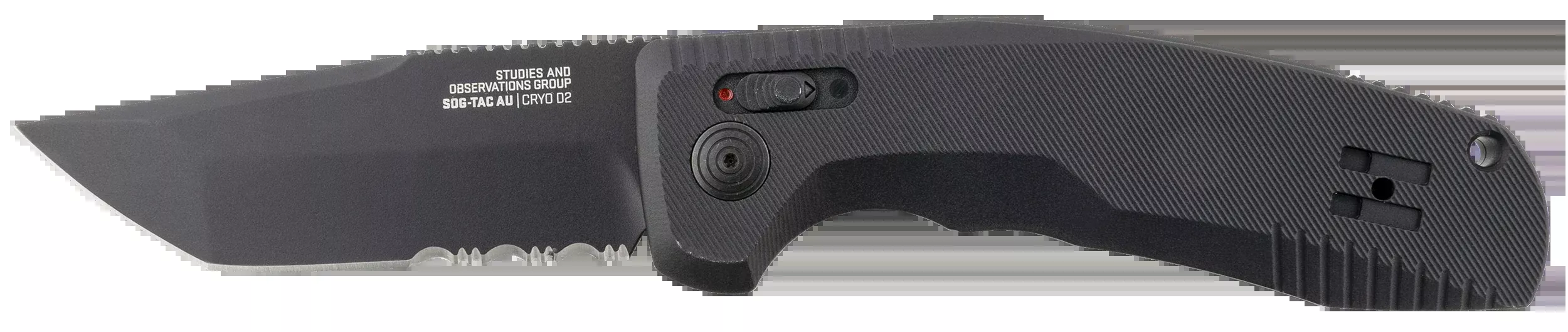 S.O.G SOG15380457 SOG-TAC Auto 3.43" Folding Tanto Part Serrated Black TiNi Cryo D2 Steel Blade Black Micro-Textured Anodized Aluminum Handle Includes Pocket Clip