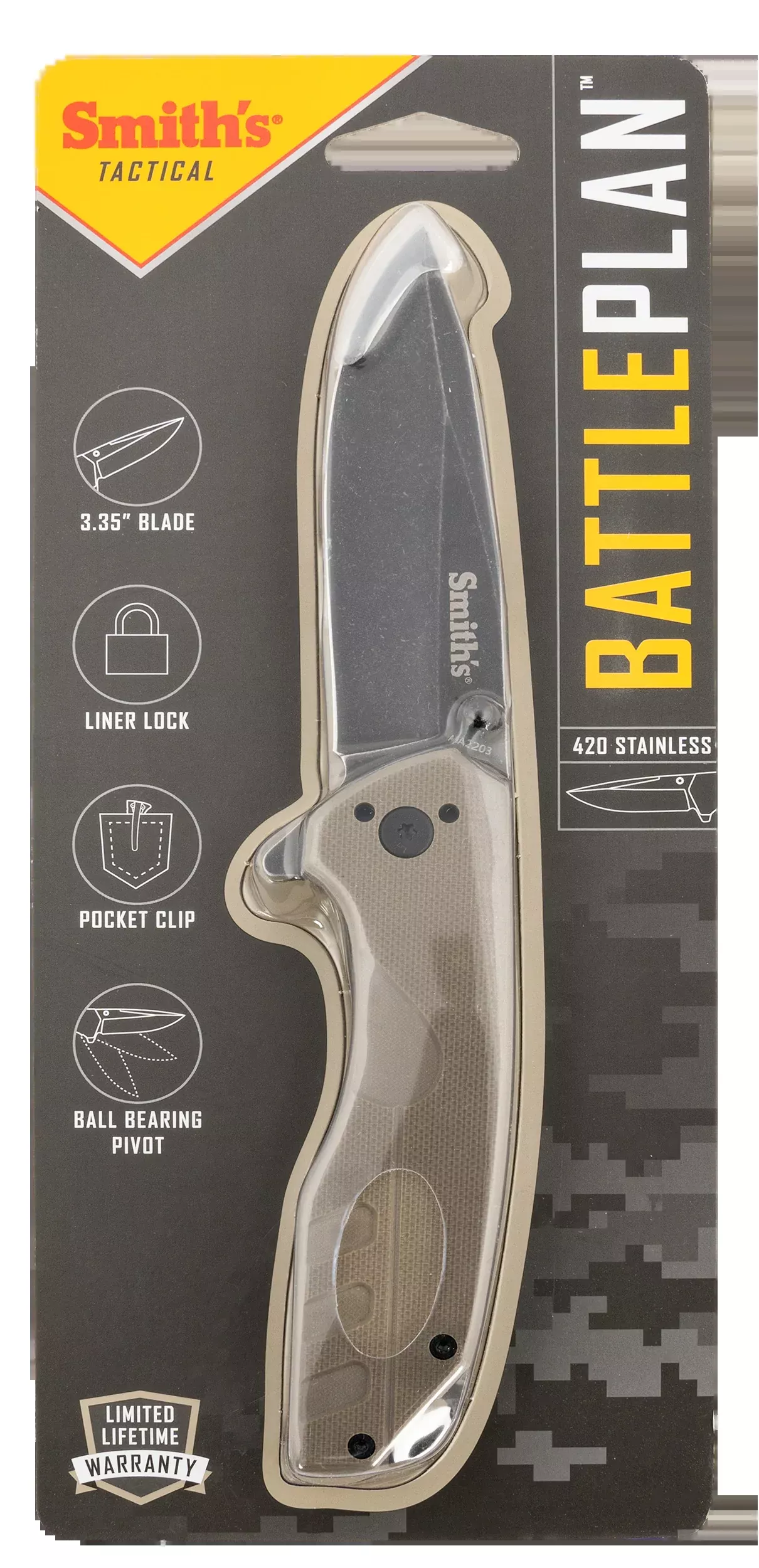 Smiths Products 50995 BattlePlan3.35" Folding Drop Point Plain Black Stonewashed 400 SS Blade/ Desert Tan G10 Handle Includes Pocket Clip