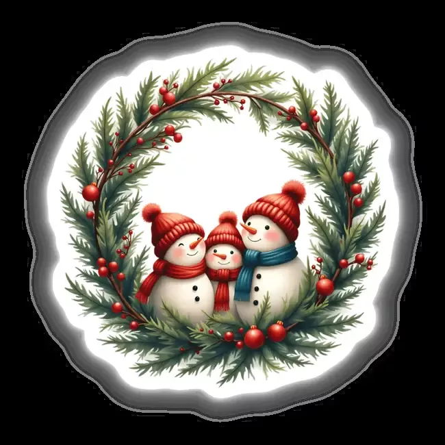Snowman Family in a Christmas Wreath