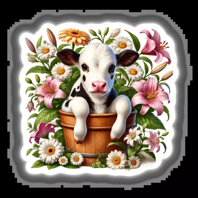 Spotted Cow Peeking Out of Flower Pot