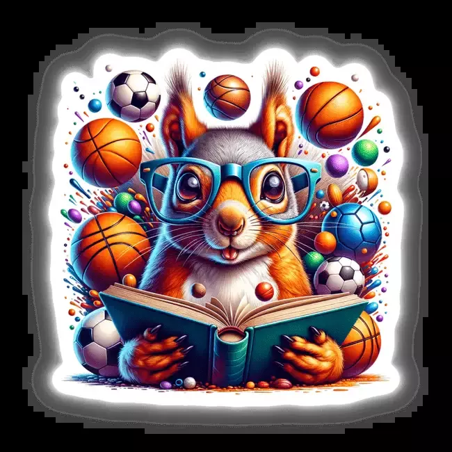 Squirrel Reading a Book with Glasses and Sports Balls