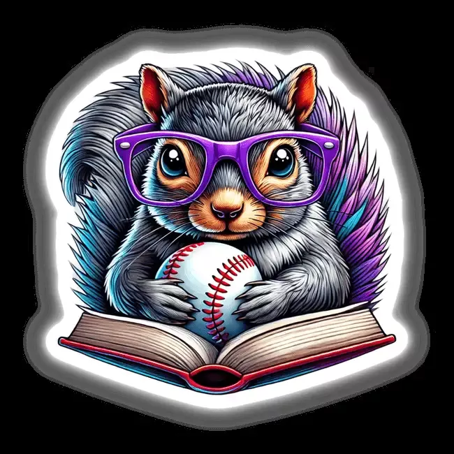 Squirrel Reading a Book with Purple Glasses and Baseball
