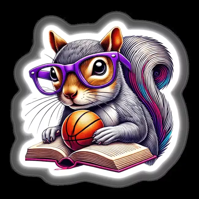 Squirrel Reading a Book with Purple Glasses and Basketball