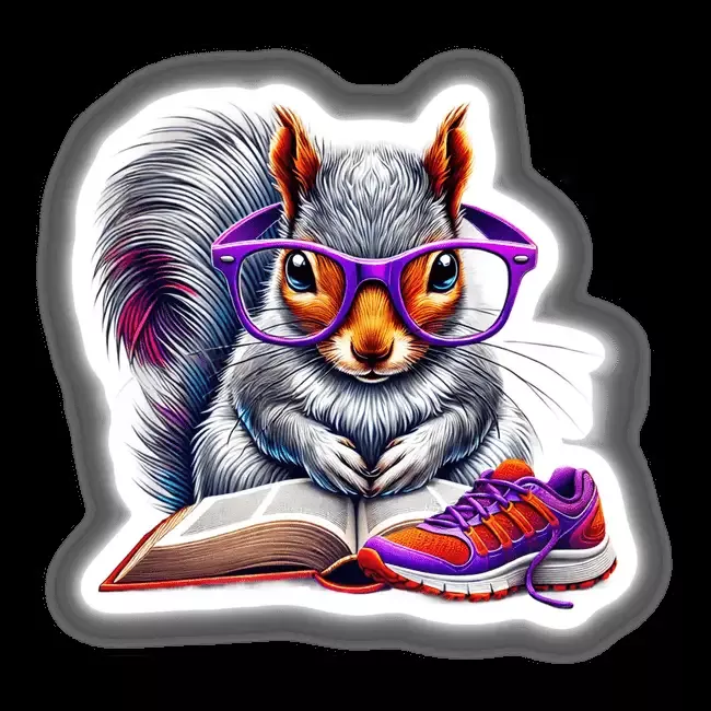 Squirrel Reading a Book with Purple Glasses and Running Shoe