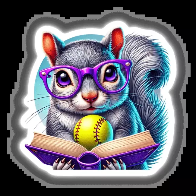 Squirrel Reading a Book with Purple Glasses and Softball