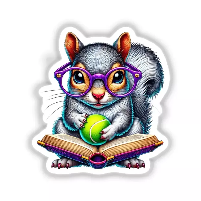 Squirrel Reading a Book with Purple Glasses and Tennis Ball