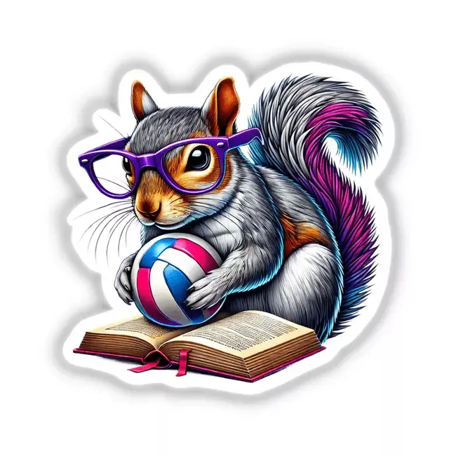 Squirrel Reading a Book with Purple Glasses and Volleyball