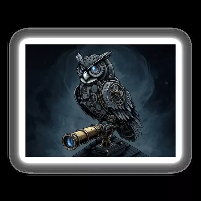 Steampunk Owl Perched on Telescope with Gears and Glowing Eye