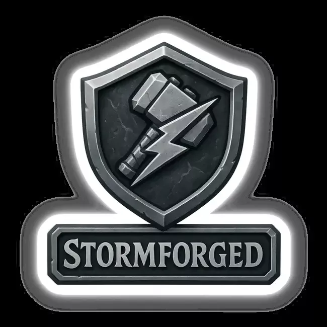 Stormforged – RPG-Style Skill Badge (Silver & Gray Thunder Hammer Crest)