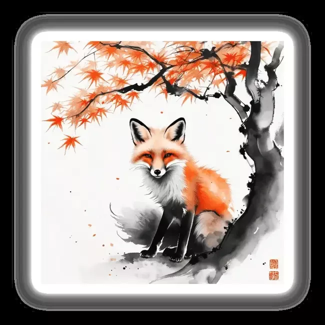 Sumi-e Fox Under Maple Tree Japanese Ink Painting
