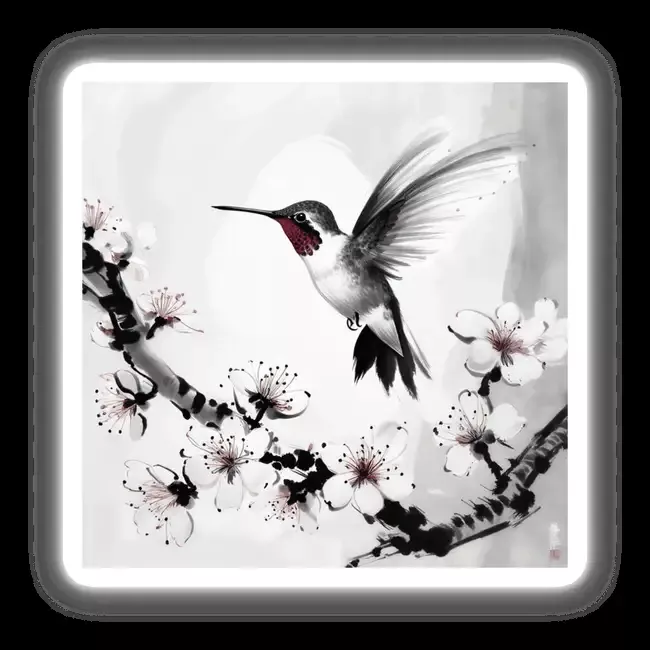Sumi-e Hummingbird in Flight Over Plum Blossoms Japanese Ink Art