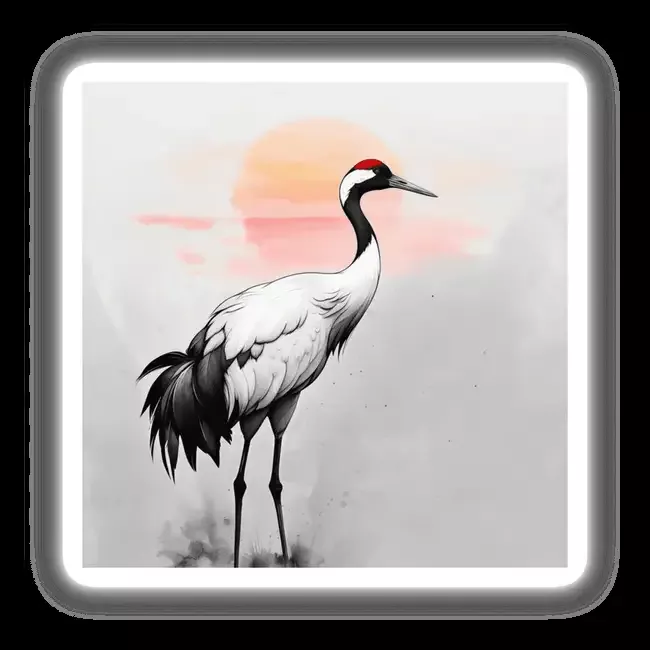 Sumi-e Japanese Watercolor Crane at Sunrise Traditional