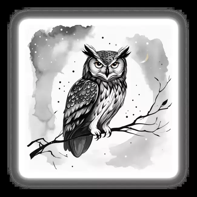 Sumi-e Owl on Branch Under Night Sky Japanese Ink Art