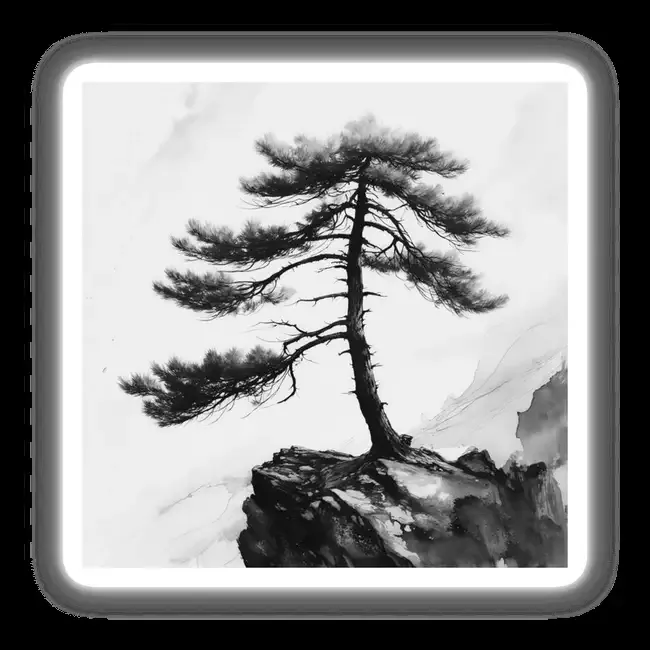 Sumi-e Pine Tree on Cliffside Minimal Japanese Landscape Art
