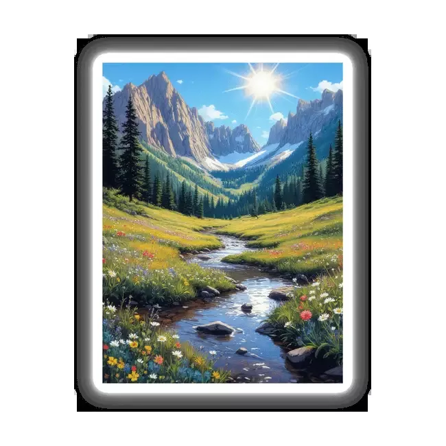 Sunny Mountain Valley with Wildflowers and Crystal-Clear Stream