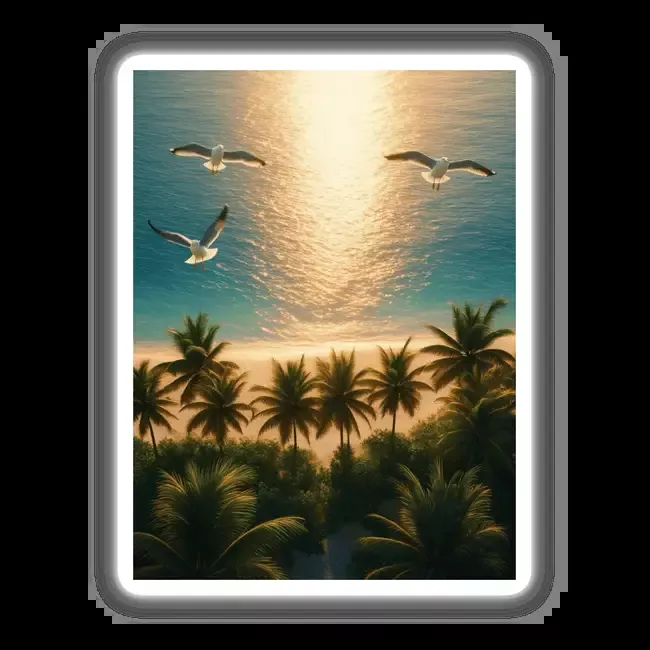 Sunset Over Tropical Beach – Palm Trees and Flying Seagulls