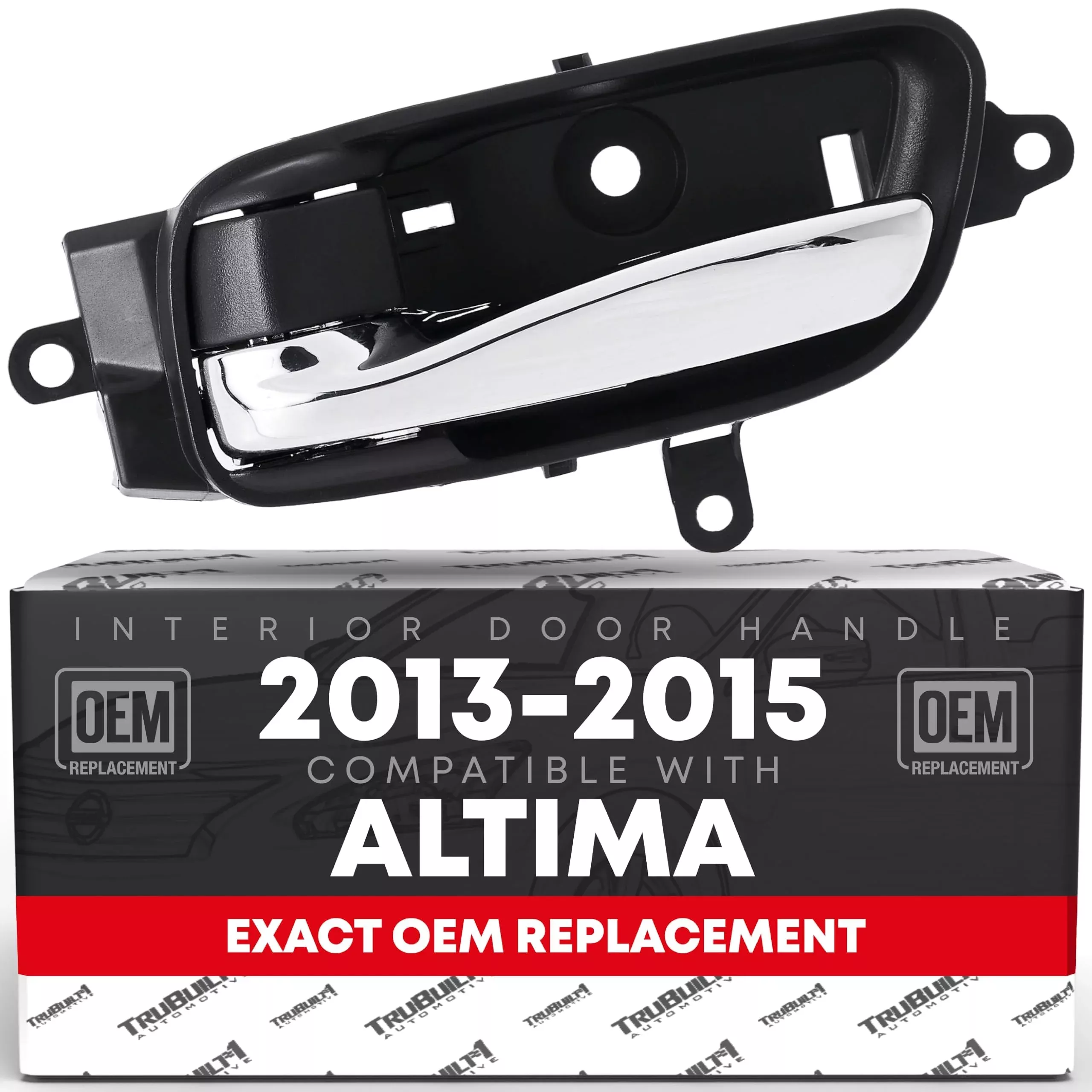 T1A Interior Front or Rear Driver Door Handle Replacement - Compatible with 2013-2015 Nissan Altima - Modern Chrome Lever & Black Knob, Plastic - OEM 80671-3TA0D, 80671-3TA0A - Driver Door Handle